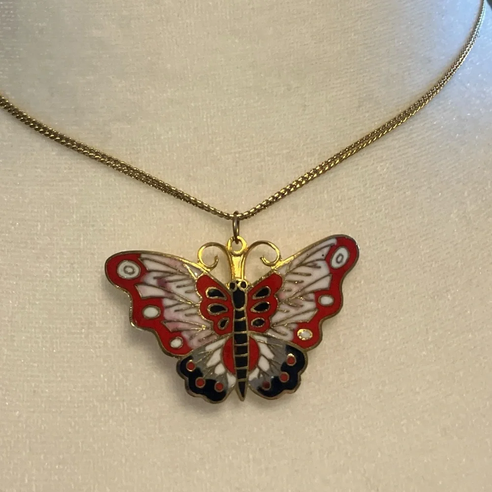 Vintage 70s Cloisonne Butterfly Pendant / Brooch with Gold Tone Chain - Picture 2 of 5